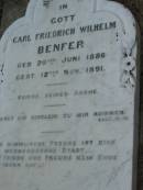 
Carl Friedrich Wilhelm BENFER
b: 20 Jun 1886, d: 12 Nov 1891
Mt Cotton  Gramzow  Cornubia  Carbrook Lutheran Cemetery, Logan City

