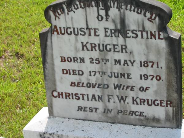 Auguste Ernestine KRUGER  | b: 25 May 1871, d: 17 Jun 1970  | (wife of Christian F W KRUGER)  | Mt Cotton / Gramzow / Cornubia / Carbrook Lutheran Cemetery, Logan City  |   | 