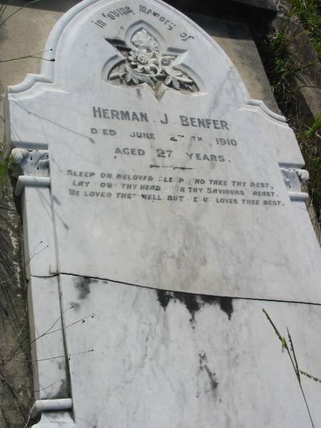Herman J BENFER  | 27 Jun 1910, aged 27  | Mt Cotton / Gramzow / Cornubia / Carbrook Lutheran Cemetery, Logan City  |   | 