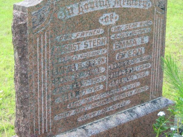 August STERN  | (husband of Emma E STERN)  | b: 12 Jul 1866, d: 29 Jul 1953, aged 87  |   | Emma E STERN  | b: 28 Nov 1868, d: 29 Nov 1941, aged 73  |   | Mt Cotton / Gramzow / Cornubia / Carbrook Lutheran Cemetery, Logan City  |   | 