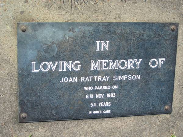Joan Rattray SIMPSON  | 6 Nov 1983, aged 54  | Mt Cotton / Gramzow / Cornubia / Carbrook Lutheran Cemetery, Logan City  |   | 