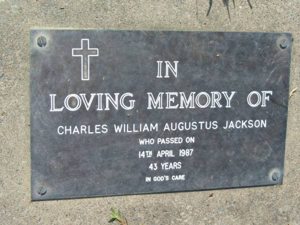 Charles William Augustus JACKSON  | 14 Apr 1987, aged 43  | Mt Cotton / Gramzow / Cornubia / Carbrook Lutheran Cemetery, Logan City  |   | 