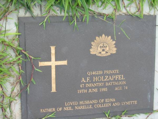 A F HOLZAPFEL  | 19 Jun 1995, aged 74  | (husband of Edna, father of Neil, Narelle, Colleen, Lynette)  | Mt Cotton / Gramzow / Cornubia / Carbrook Lutheran Cemetery, Logan City  |   | 