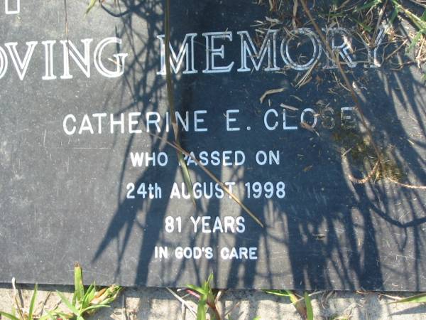 Catherine E CLOSE  | 24 Aug 1998, aged 81  | Mt Cotton / Gramzow / Cornubia / Carbrook Lutheran Cemetery, Logan City  |   | 