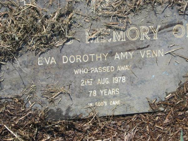 Eva Dorothy Amy VENN  | 21 Aug 1978, aged 78  | Mt Cotton / Gramzow / Cornubia / Carbrook Lutheran Cemetery, Logan City  |   | 