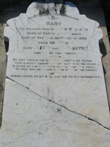 Mary (WILLIAMS)  | (wife of John WILLIAMS)  | born Ewenny, Glamorgan  | died Redland, 23 Aug 1889, aged 38  |   | also Justyn and Elizabeth  | infants of above  |   | Mt Cotton / Gramzow / Cornubia / Carbrook Lutheran Cemetery, Logan City  |   | 