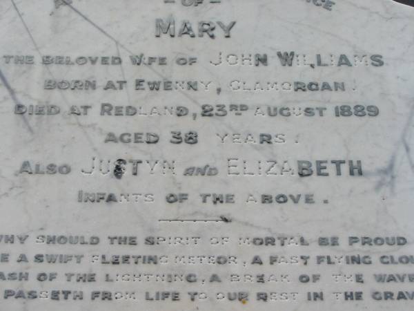 Mary (WILLIAMS)  | (wife of John WILLIAMS)  | born Ewenny, Glamorgan  | died Redland, 23 Aug 1889, aged 38  |   | also Justyn and Elizabeth  | infants of above  |   | Mt Cotton / Gramzow / Cornubia / Carbrook Lutheran Cemetery, Logan City  |   | 