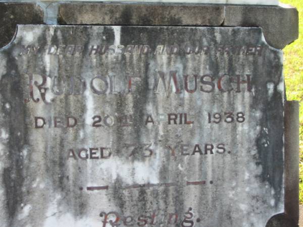 Rudolf MUSCH  | 20 Apr 1938, aged 73  | Mt Cotton / Gramzow / Cornubia / Carbrook Lutheran Cemetery, Logan City  |   | 