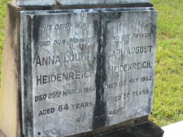 Anna Louise HEIDENREICH  | 25 Mar 1954, aged 64  | Carl August HEIDENREICH  | 16 May 1942, aged 58  | Mt Cotton / Gramzow / Cornubia / Carbrook Lutheran Cemetery, Logan City  |   | 