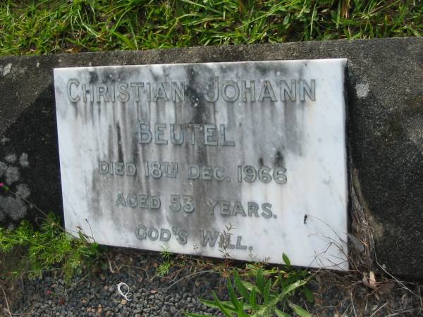 Christian Johann BEUTEL  | 18 Dec 1966, aged 53  | Mt Cotton / Gramzow / Cornubia / Carbrook Lutheran Cemetery, Logan City  |   | 