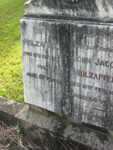 Emma HOLZAPFEL  | 16 Oct 1949, aged 67  | John Jacob HOLZAPFEL  | 15 Feb 1941, aged 66  | Mt Cotton / Gramzow / Cornubia / Carbrook Lutheran Cemetery, Logan City  |   | 