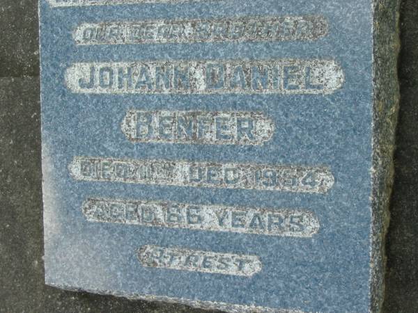 Johann Daniel BENFER  | d: 11  Dec 1954, aged 66  | Mt Cotton / Gramzow / Cornubia / Carbrook Lutheran Cemetery, Logan City  |   | 
