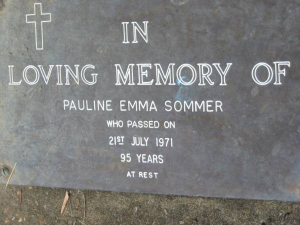 Pauline Emma SOMMER  | 21 Jul 1971, aged 95  | Mt Cotton / Gramzow / Cornubia / Carbrook Lutheran Cemetery, Logan City  |   | 