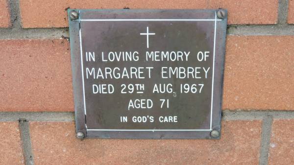Margaret Embrey  | d: 29 Aug 1967, aged 71  |   | Mount Cotton St Pauls Lutheran Columbarium wall  |   | 