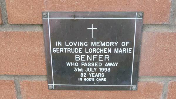 Gertrude Lorchen Marie Benfer  | d: 31 Jul 1993 aged 82  |   | Mount Cotton St Pauls Lutheran Columbarium wall  |   | 