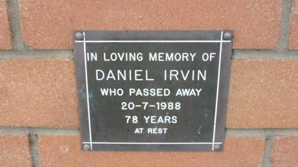 Daniel Irvin  | d: 20 Jul 1988, aged 78  |   | Mount Cotton St Pauls Lutheran Columbarium wall  |   | 