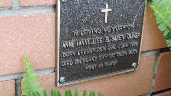 Anne (Anneliese) Elisabeth OLIVER  | b: Levenkuson 2 Jun 1922  | d: Brisbane 8 Oct 2009  |   | Mount Cotton St Pauls Lutheran Columbarium wall  |   | 