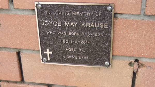 Joyce May KRAUSE  | b: 6 May 1926  | d: 1 Mar 2014, aged 87  |   | Mount Cotton St Pauls Lutheran Columbarium wall  |   | 
