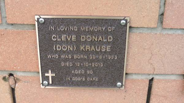 Cleve Donald (Don) KRAUSE  | b: 30 Aug 1923  | d: 12 Oct 2013, aged 90  |   | Mount Cotton St Pauls Lutheran Columbarium wall  |   | 