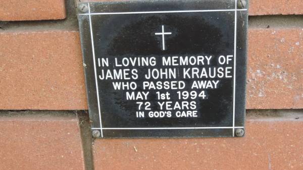 James John KRAUSE  | d: 1 May 1994 aged 72  |   | Mount Cotton St Pauls Lutheran Columbarium wall  |   | 