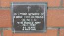Luise Friedericke Benfer d: 26 Jan 1992 aged 85 Mount Cotton St Pauls Lutheran Columbarium wall  