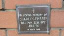 Charles Embrey d: 22 May 1972, aged 76 Mount Cotton St Pauls Lutheran Columbarium wall  