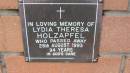 
Lydia Theresa Holzapfel
d: 28 Aug 1993, aged 94

Mount Cotton St Pauls Lutheran Columbarium wall 

