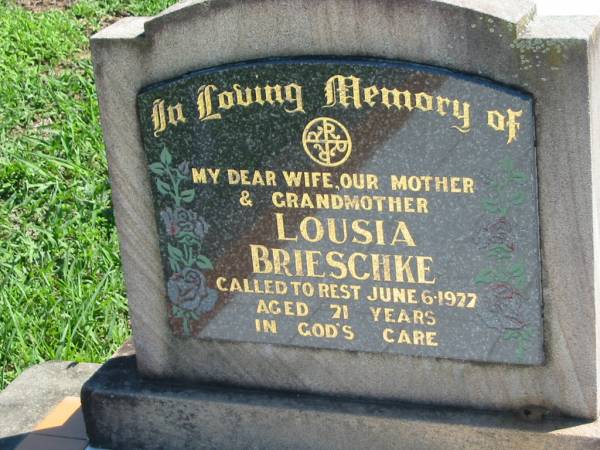 Lousia BRIESCHKE  | 6 Jun 1977, aged 71  | Mount Beppo Apostolic Church Cemetery  | 