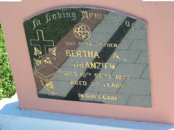 Bertha A GRANZIEN  | 10 Sep 1971, aged 73  | Mount Beppo Apostolic Church Cemetery  | 