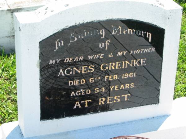 Agnes GREINKE  | 6 Feb 1961 aged 54  | Mount Beppo Apostolic Church Cemetery  | 
