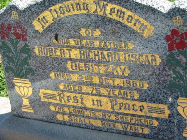 Robert Richard Oscar OLBITZKY  | d: 2 Oct 1960, aged 75  | Mount Beppo Apostolic Church Cemetery  | 