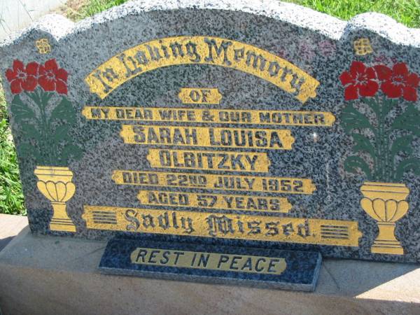 Sarah Louisa OLBITZKY  | d: 22 Jul 1952, aged 57  | Mount Beppo Apostolic Church Cemetery  | 