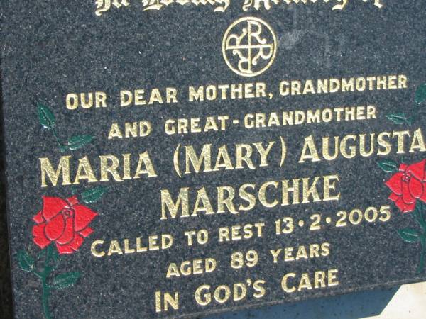 Maria (Mary) Augusta MARSCHKE  | 13 Feb 2005, aged 89  | Mount Beppo Apostolic Church Cemetery  | 