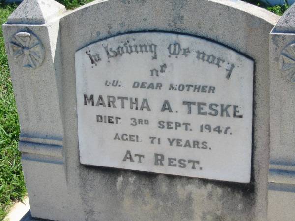 Martha A TESKE  | 3 Sep 1947, aged 71  | Mount Beppo Apostolic Church Cemetery  | 