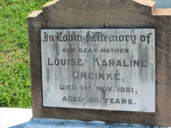Louise Karaline GREINKE  | 1 Nov 1951, aged 80  | Mount Beppo Apostolic Church Cemetery  | 
