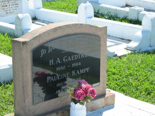 H A GAEDTKE  | b: 1882, d: 1964  | Pauline KAMPF  | b: 1863, d: 1946  | Mount Beppo Apostolic Church Cemetery  | 