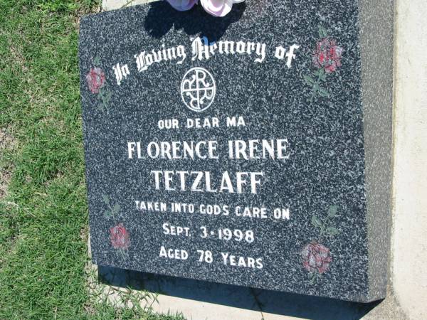 Florence Irene TETZLAFF  | 3 Sep 1998, aged 78  | Mount Beppo Apostolic Church Cemetery  | 