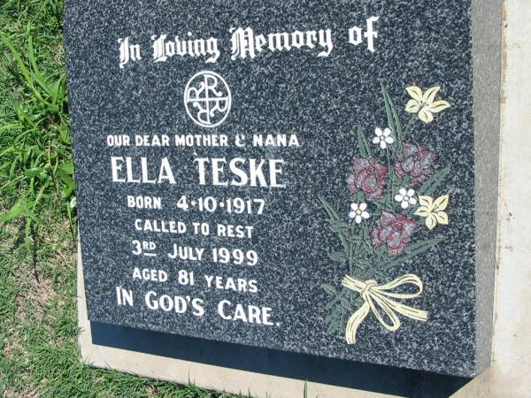 Ella TESKE  | b: 4 Oct 1917, d: 3 Jul 1999, aged 81  | Mount Beppo Apostolic Church Cemetery  | 
