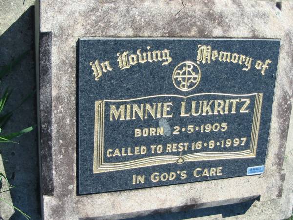 Minnie LUKRITZ  | b: 2 May 1905, d: 16 Aug 1997  | Mount Beppo Apostolic Church Cemetery  | 