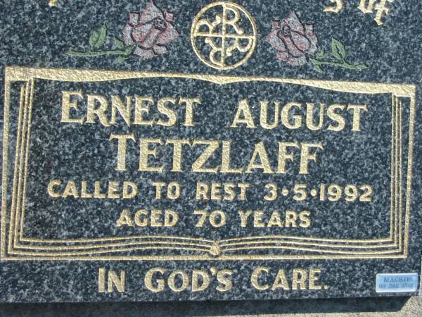 Ernest August TETZLAFF  | 3 May 1992, aged 70  | Mount Beppo Apostolic Church Cemetery  | 