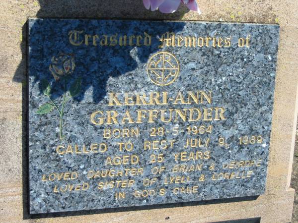 Kerri-Ann GRAFFUNDER  | b: 28 May 1964, d: 9 Jul 1989, aged 25  | (daughter of Brian and Deirore, sister of Lyell and Lorelle)  | Mount Beppo Apostolic Church Cemetery  | 