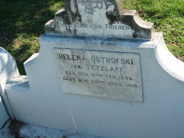 Helena OSTROFSKI (geb TETZLAFF)  | b: 18 Feb 1893, d: 30 Apr 1919  | Mount Beppo Apostolic Church Cemetery  | 