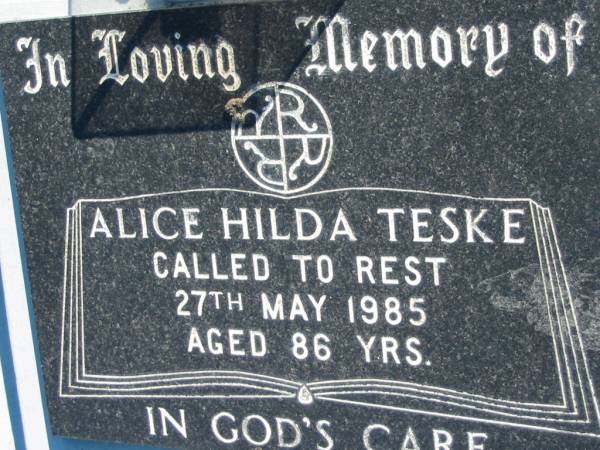 Alice Hilda TESKE  | 27 May 1985, aged 86  | Mount Beppo Apostolic Church Cemetery  | 