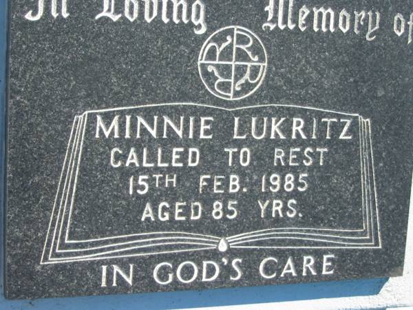 Minnie LUKRITZ  | 15 Feb 1985, aged 85  | Mount Beppo Apostolic Church Cemetery  | 