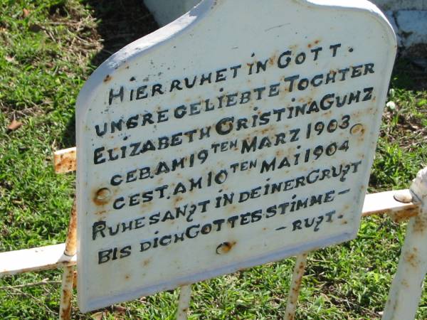 Elizabeth Cristina GUMZ  | b: 19 Mar 1903, d: 10 May 1904  | Mount Beppo Apostolic Church Cemetery  | 