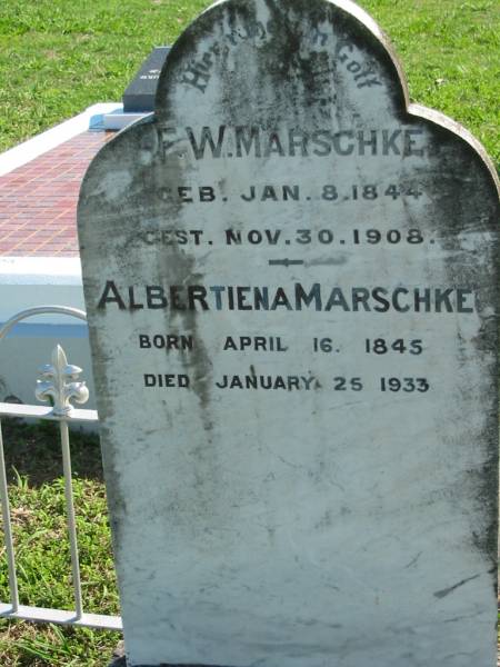 F W MARSCHKE  | b: 8 Jan 1844, d: 30 Nov 1908  | Albertiena MARSCHKE  | b: 16 Apr 1845  | d: 25 Jan 1933  | Mount Beppo Apostolic Church Cemetery  | 