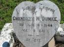 
Gwendolyn M. DUMKE,
died 4 June 1946 aged 6 days;
Mt Beppo General Cemetery, Esk Shire
