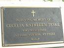 
Cecelia Kathleen TESKE,
died 2 Feb 1996 aged 85 years;
Mt Beppo General Cemetery, Esk Shire
