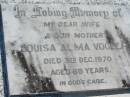 
Louisa Alma VOGLER, wife mother,
died 3 Dec 1970 aged 69 years;
Mt Beppo General Cemetery, Esk Shire
