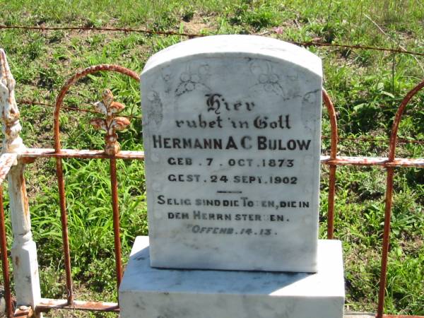 Hermann A.C. BULOW,  | born 7 Oct 1873 died 24 Sept 1902;  | Mt Beppo General Cemetery, Esk Shire  | 